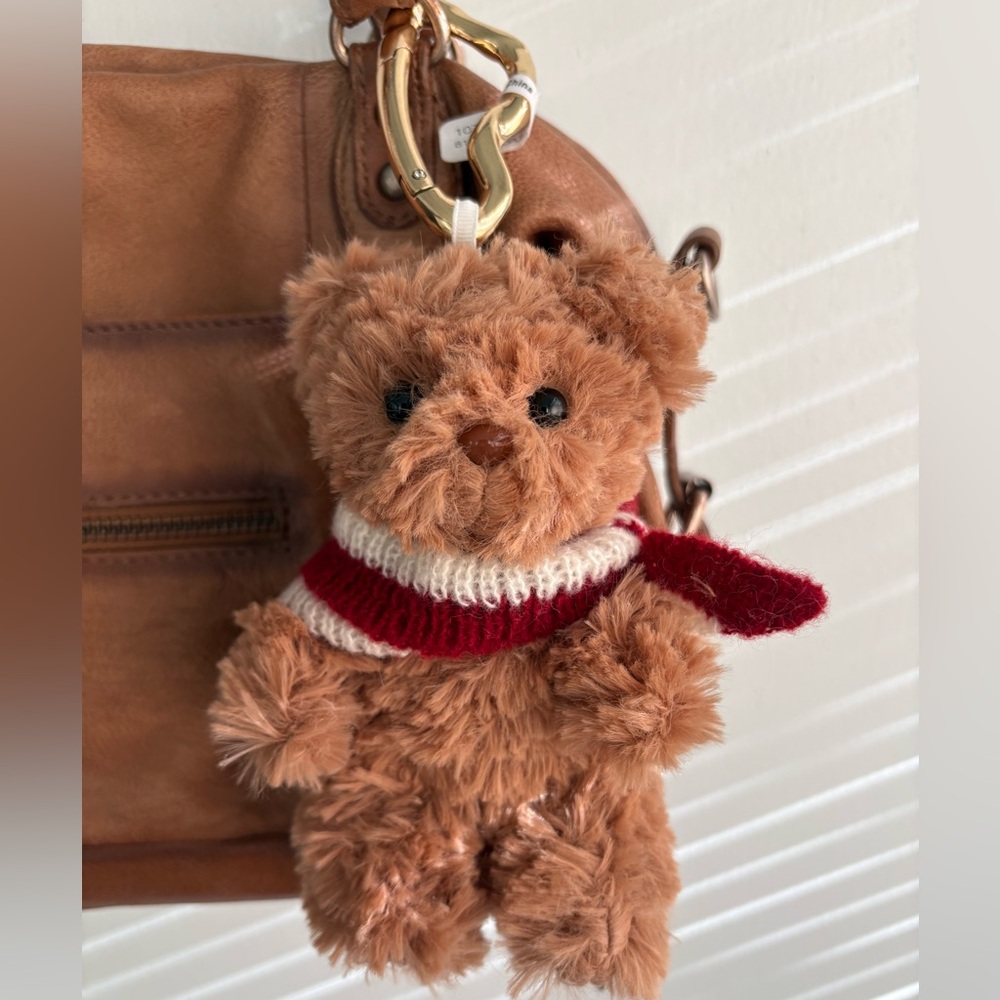 Free People Brown Plush Teddy Bear Bag Charm with Red & White Scarf
